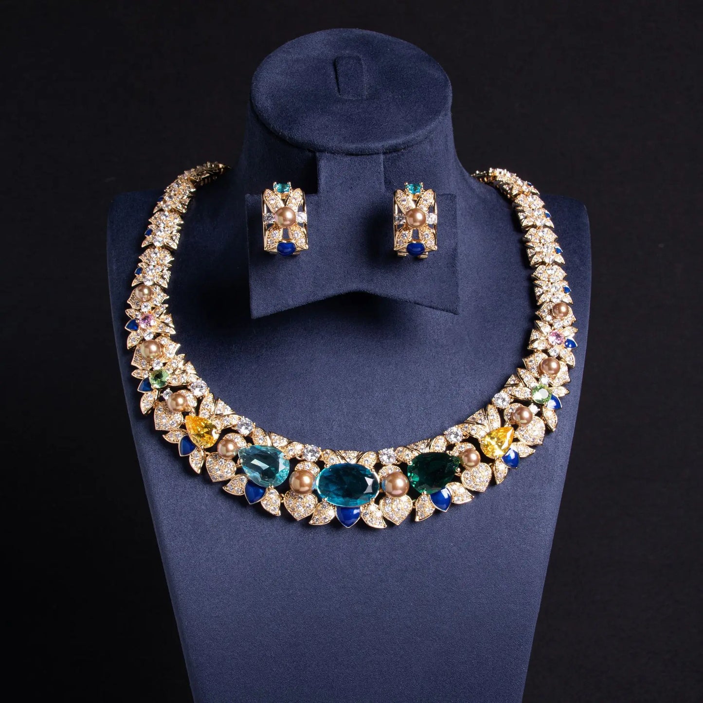 Luxury Oval-Cut Zirconia & Imitation Pearl Classic Choker Necklace & Earrings Bridal Set — Gold & Rhodium Plated