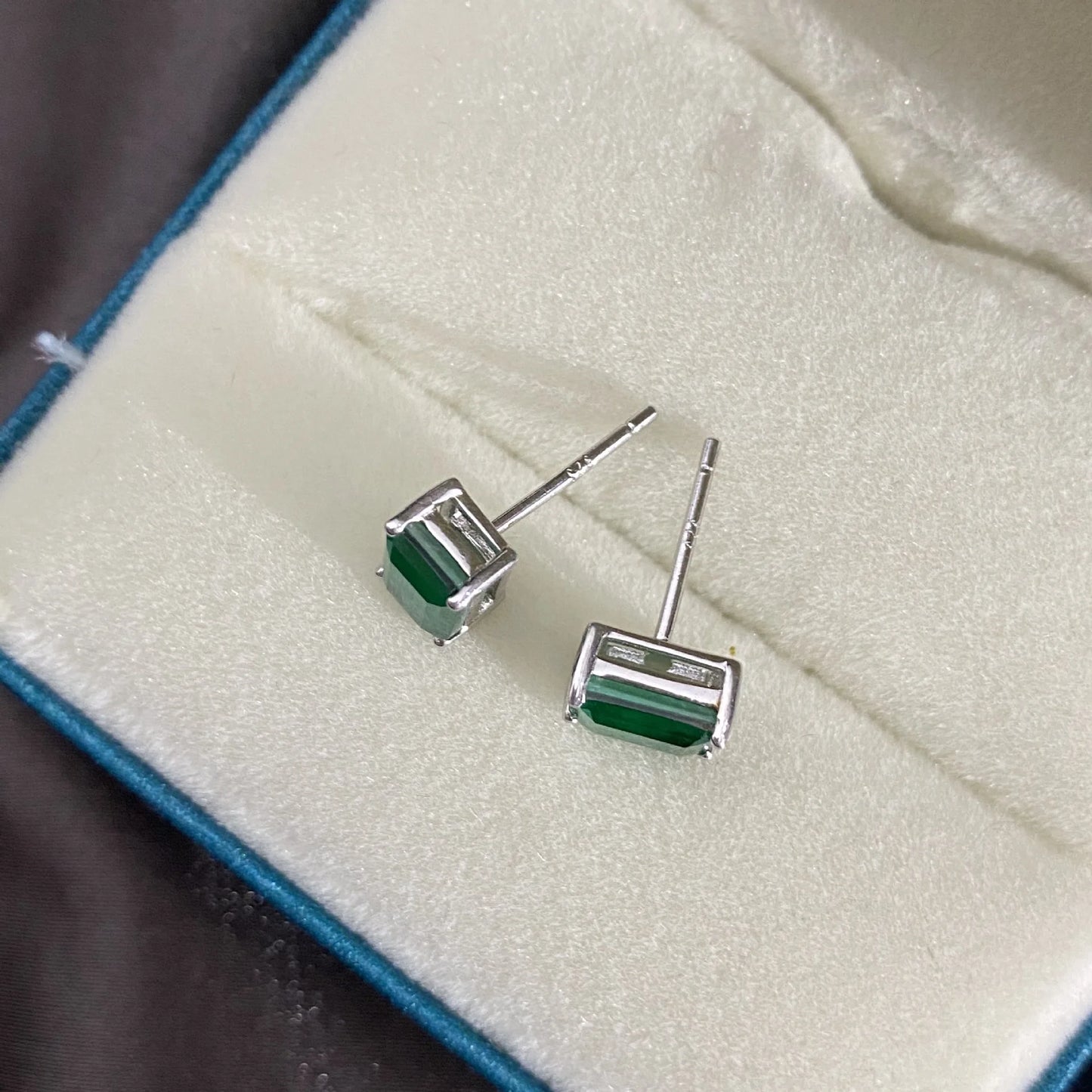 SILVERELLI Rectangular Emerald Stud Earrings | 925 Sterling Silver | 18K Gold Plated