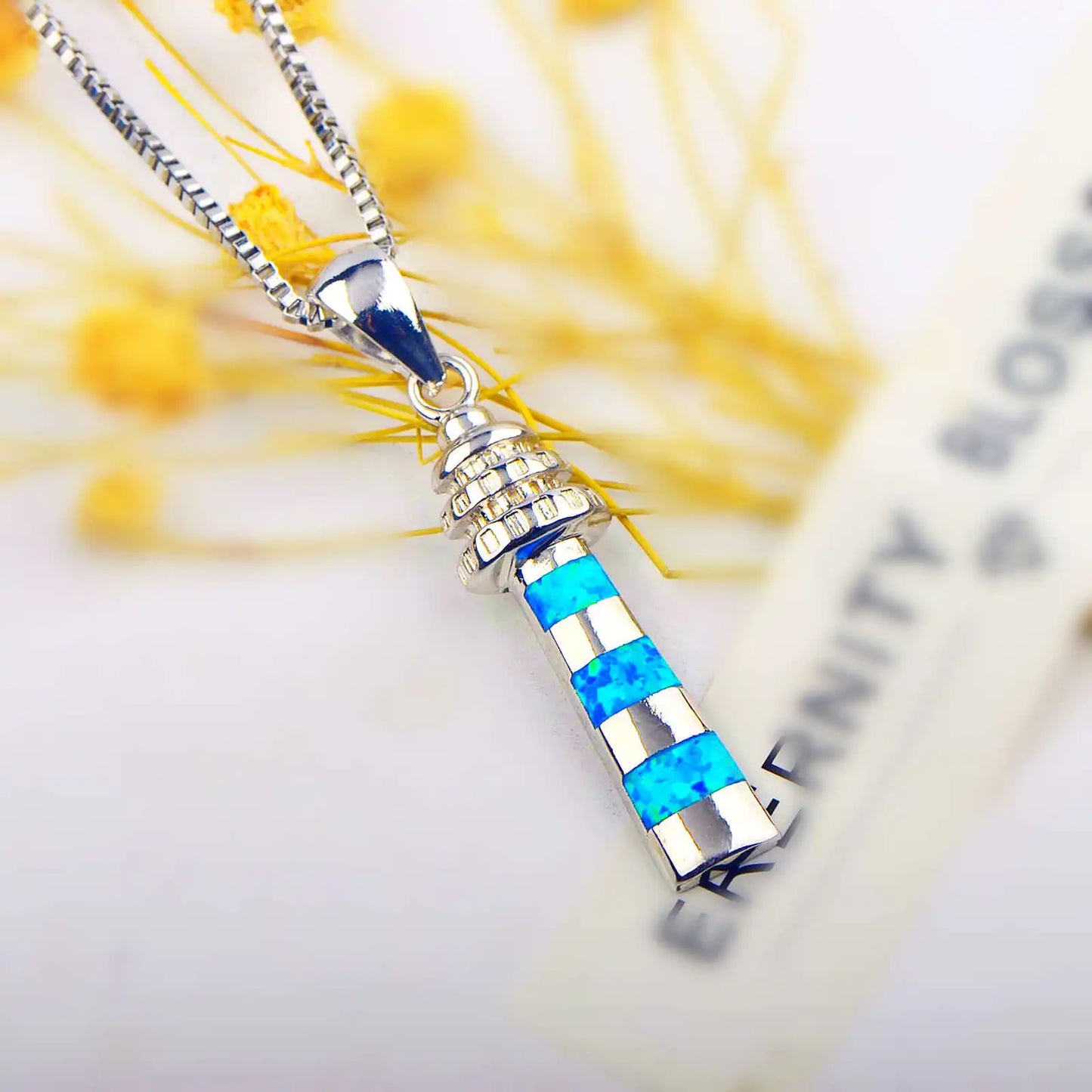 Aobao Christian Copper Blue Opal Geometric Lighthouse Necklace Silver Plated Sweater Chain Pendant Gift