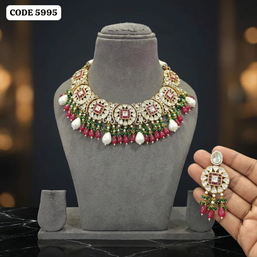 Luxury Ruby Pearl Bridal Choker Necklace Set Gold Plated Wedding Party Traditional Jewelry with Matching Earrings Set For Women