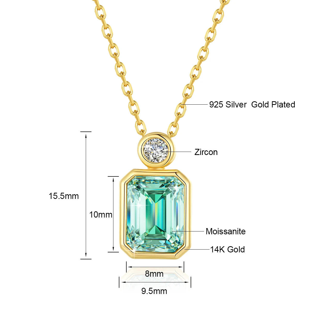 Gioiellieri Fine Jewelry Gold Woman New Year Gift 2ct 3ct 4ct Light Green Emerald Cut Moissanite 14K Gold Hollow Pendant Necklace