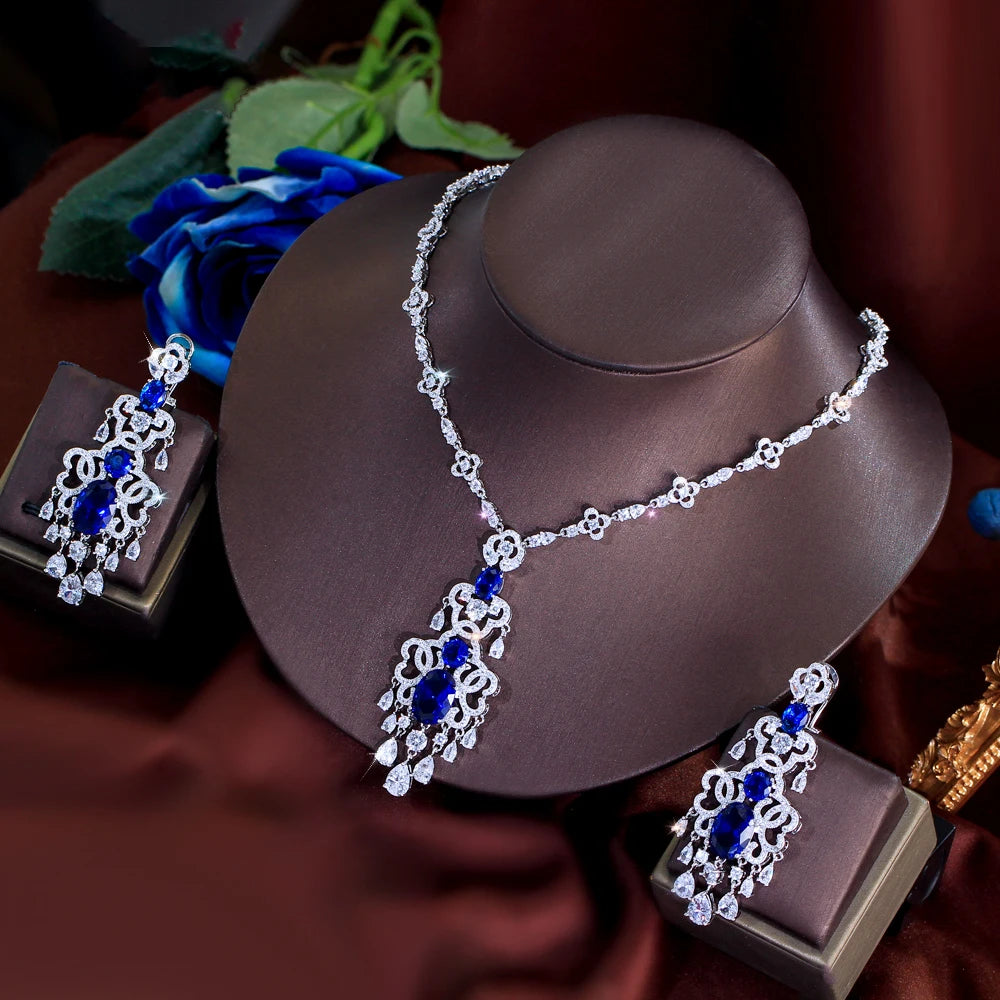 Top Quality Royal Blue Cubic Zirconia African Long Big Statement Necklace Earrings 2Pcs Sets for Women Evening Party Jewelry