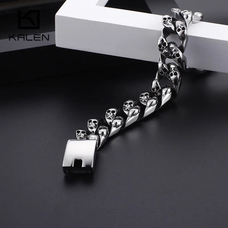 KALEN Gothic Biker Jewelry Punk Charm Bracelets Men 21.5cm Stainless Steel Skull Cuban Link Chain Wrap Bangle