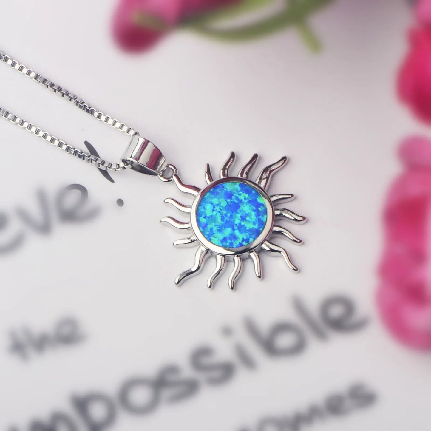 Aobao Christian Copper Silver Plated Minimalist Sun Pendant Opal Inlay Link Chain Sweater Necklace Gift Wholesale