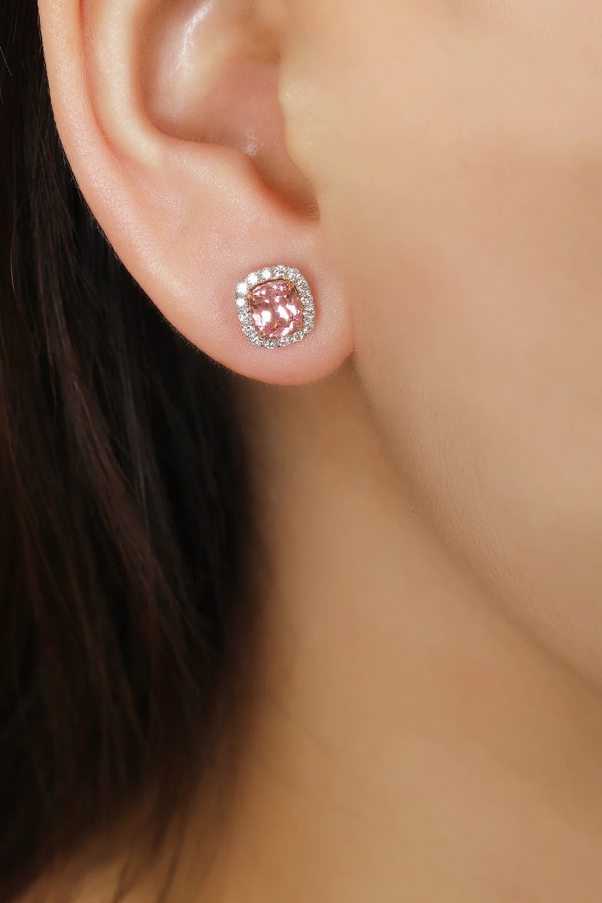 Gemfiori 18K Gold Lab Grown Padparadscha Stud Earrings Cushion Cut Brilliant Sparkle for Fashion Dinner Party