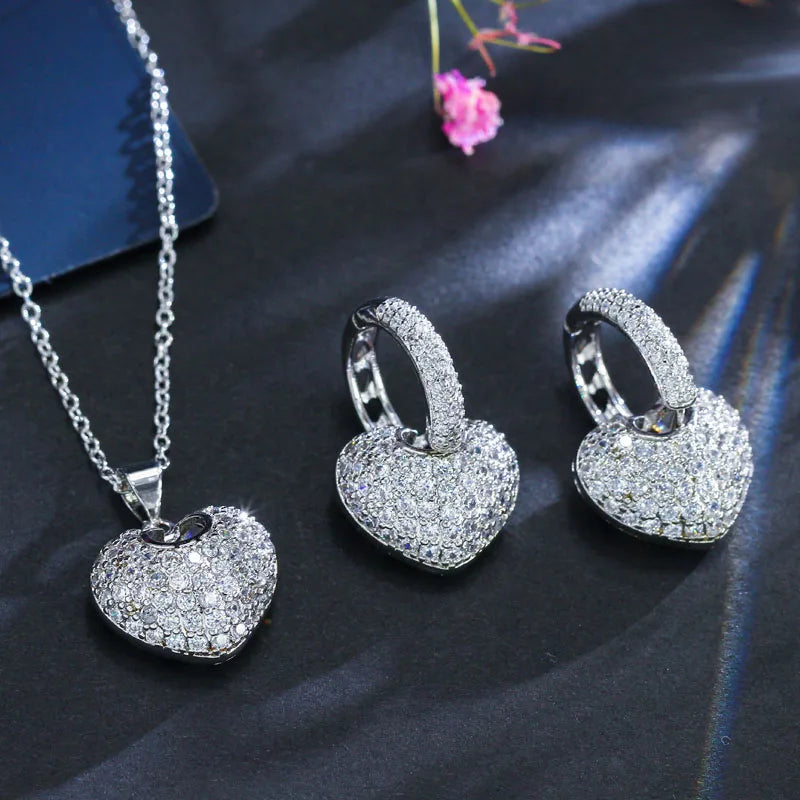 S&S Heart Shape CZ Pendant Necklace & Earrings Set – Rose Gold & Silver – Collection