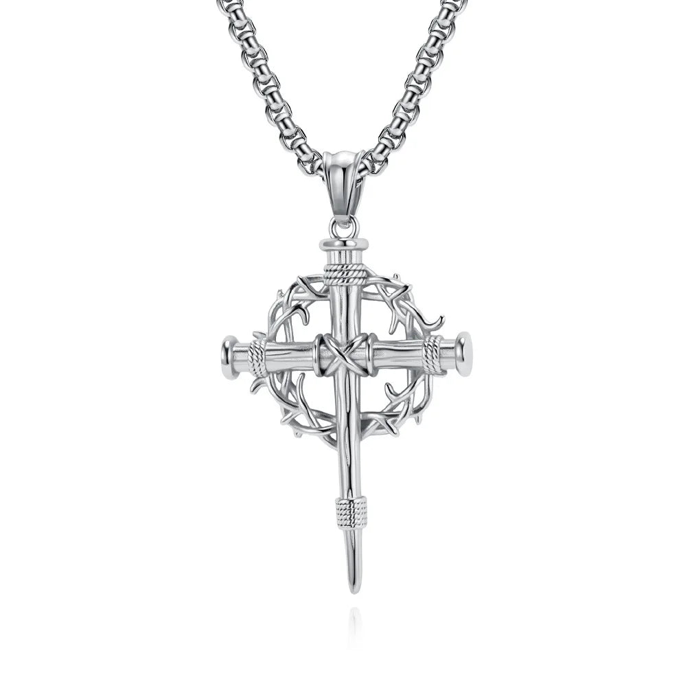 Thorn Wreath Cross Religious Anti Non Tarnish WaterProof Stainless Steel Fashion Jewelry Pendant Necklaces for Men Wholesale