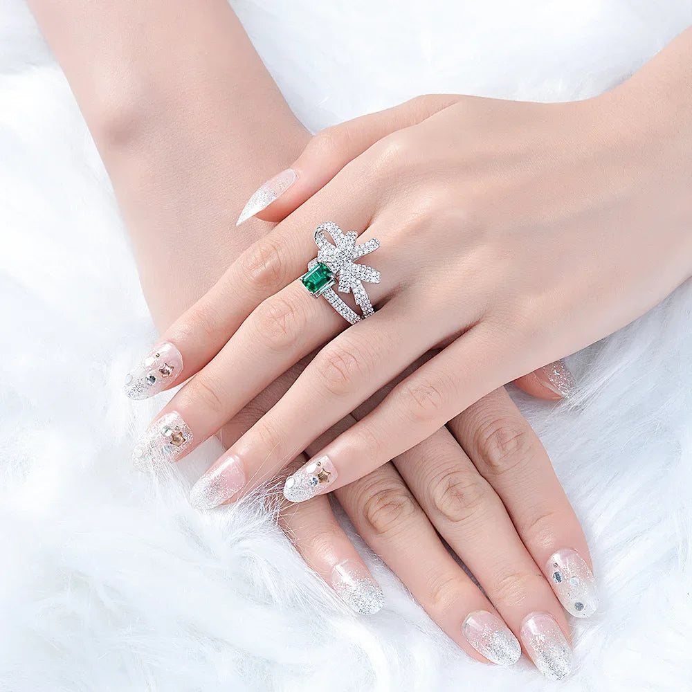MUSHAN Jewelry Factory 1ct Zambian Color Cultured Emerald 5*7 Bowknot Ring 925 Sterling Silver Rings Fine Jewelry for Women