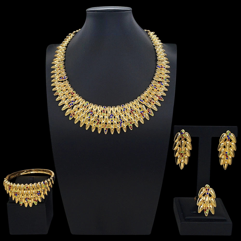 Zhuerrui Chic Leaf Multicolor Rhinestone Gold Plated Jewelry Set for Women Necklace Earrings Bracelet Ring Evening Jewelry I0101