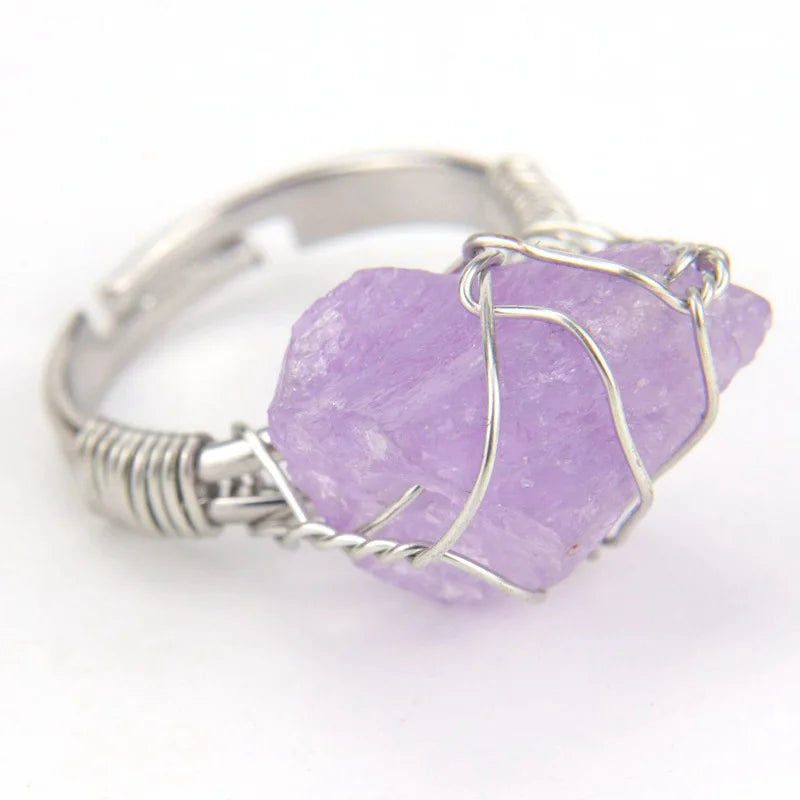 Men Women Large Stone Rings Wire Wrapped Crystal Resizable Gem Ring