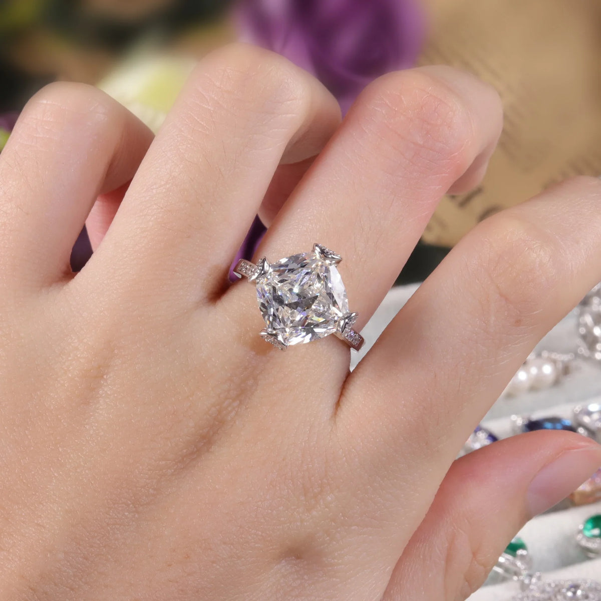 ArtistA AR219 Abiding Custom Big Main Stone Ice Cut Cushion 11x11MM Cubic Zirconia 925 Sterling Silver Rings for Women