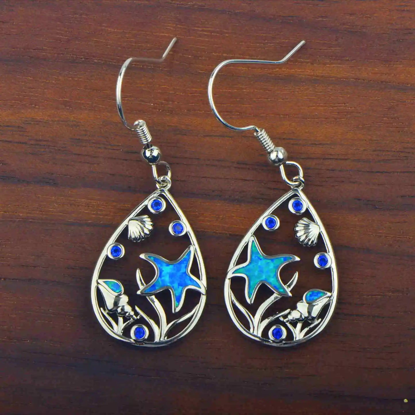 Ocean-Themed Teardrop Opal Drop Earrings - Blue Fire Opal Starfish & Shell Detail | Beach-Chic Daily Jewelry Bulk Gifts
