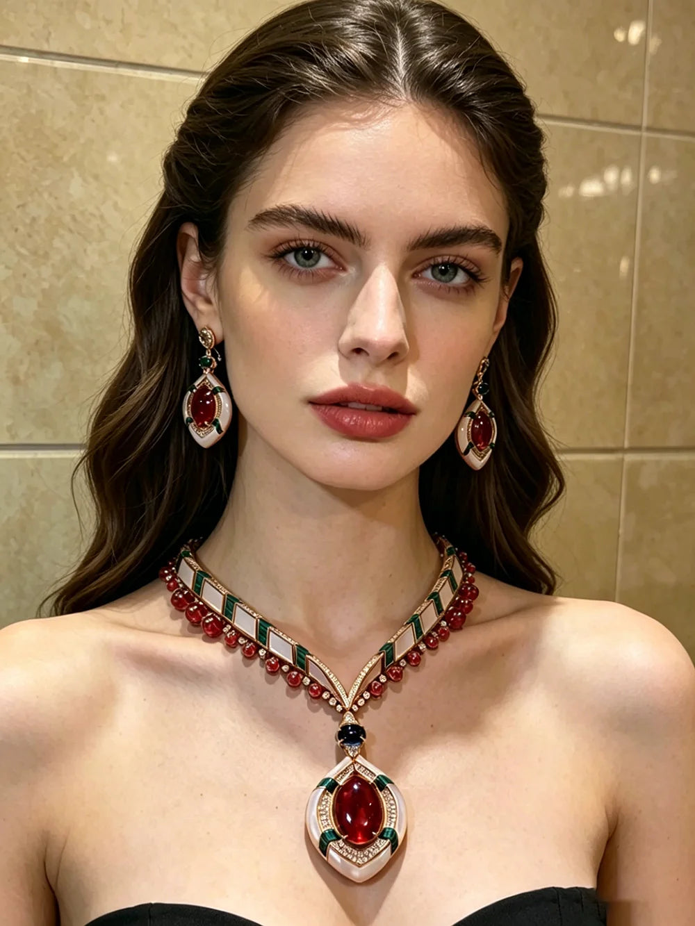 XM S427 Rose Gold Plated Marquise Cut Topaz, White Shell & Green Enamel CZ Pendant Necklace & Drop Earrings Set