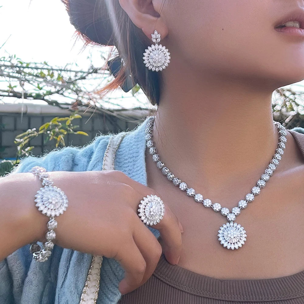 Female Luxury Cubic Zircon Jewelry Set Round Shape 4pcs Necklace Ring Earring and Necklace Jewelry Sets for Women Wedding Party