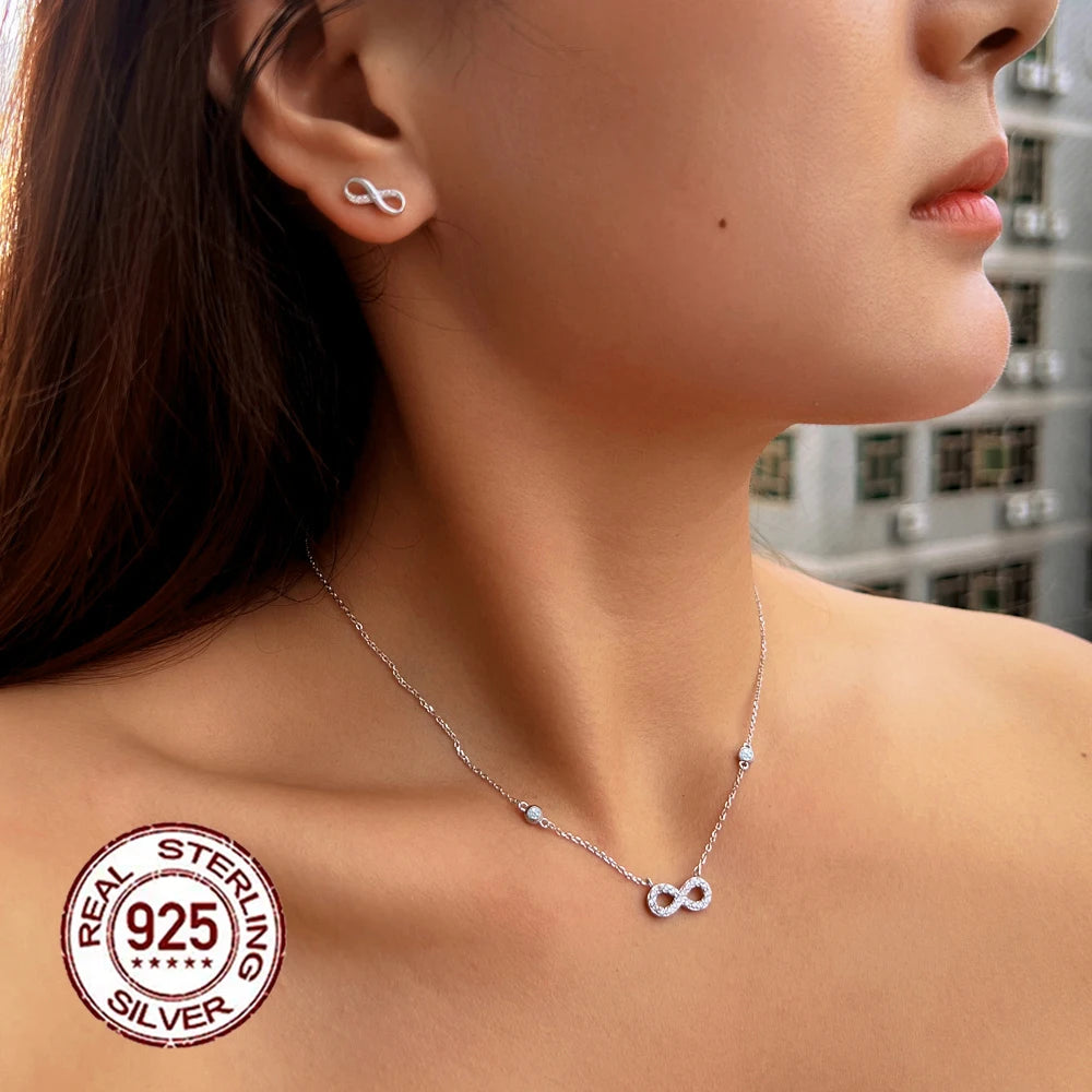 Pretty Endless Symbols Shaped Necklace and Earrings Cubic Zircon CZ Real S925 Sterling Silver Jewelry Set for Women Girl Gifts