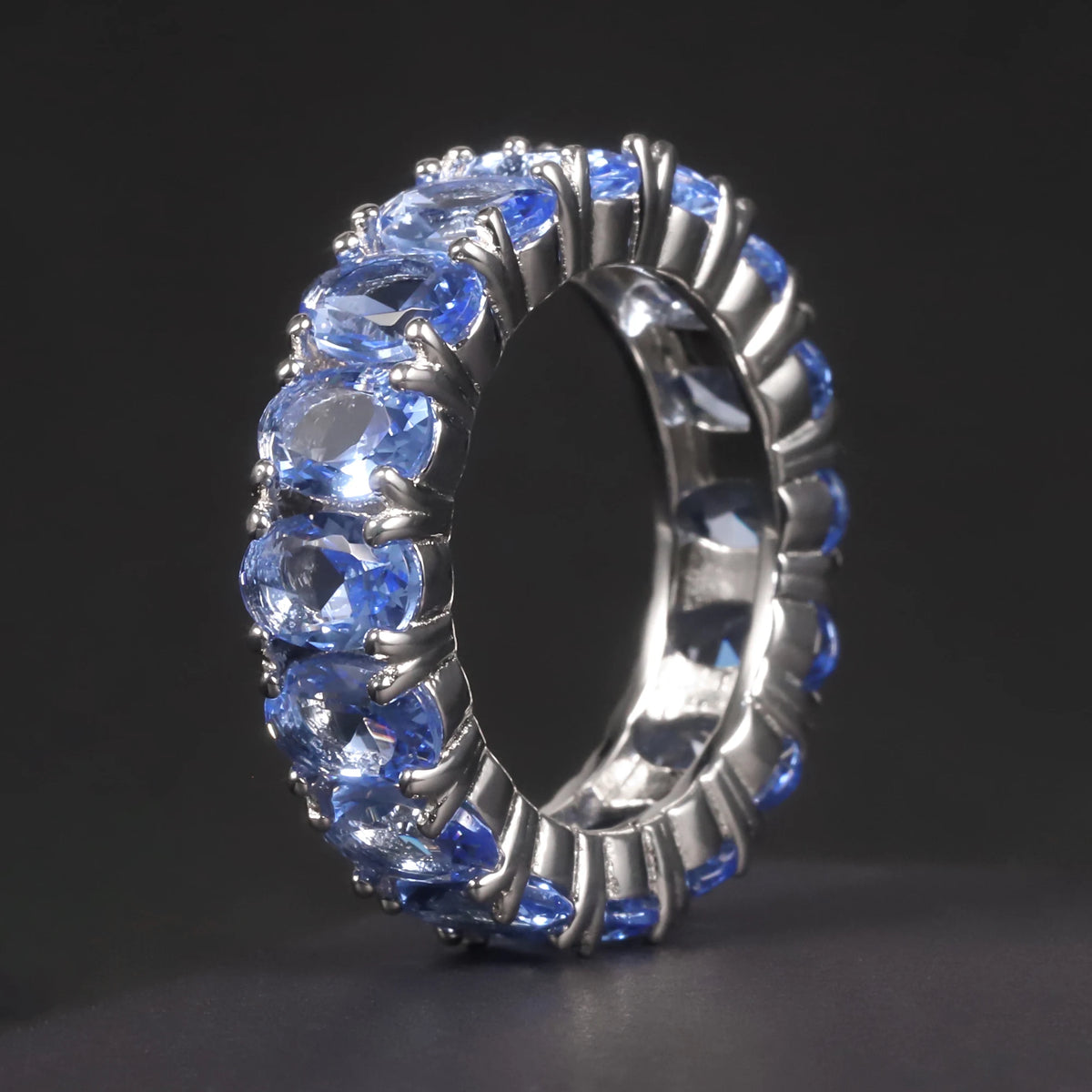 ArtistA C7530 Abiding Oval 4*6MM Colored Gemstone Eternity Band Glass Blue Sapphire Emerald Cubic Zirconia 925 Silver Band Ring