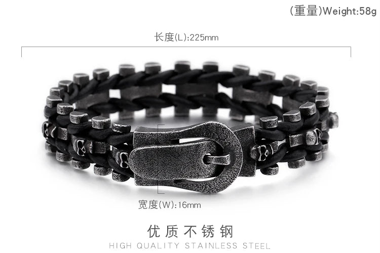 KALEN Charm Mens Skull Jewelry Leather Rope Braided Bracelet Handmade Stainless Steel Black Matte Punk Bracelets for Men