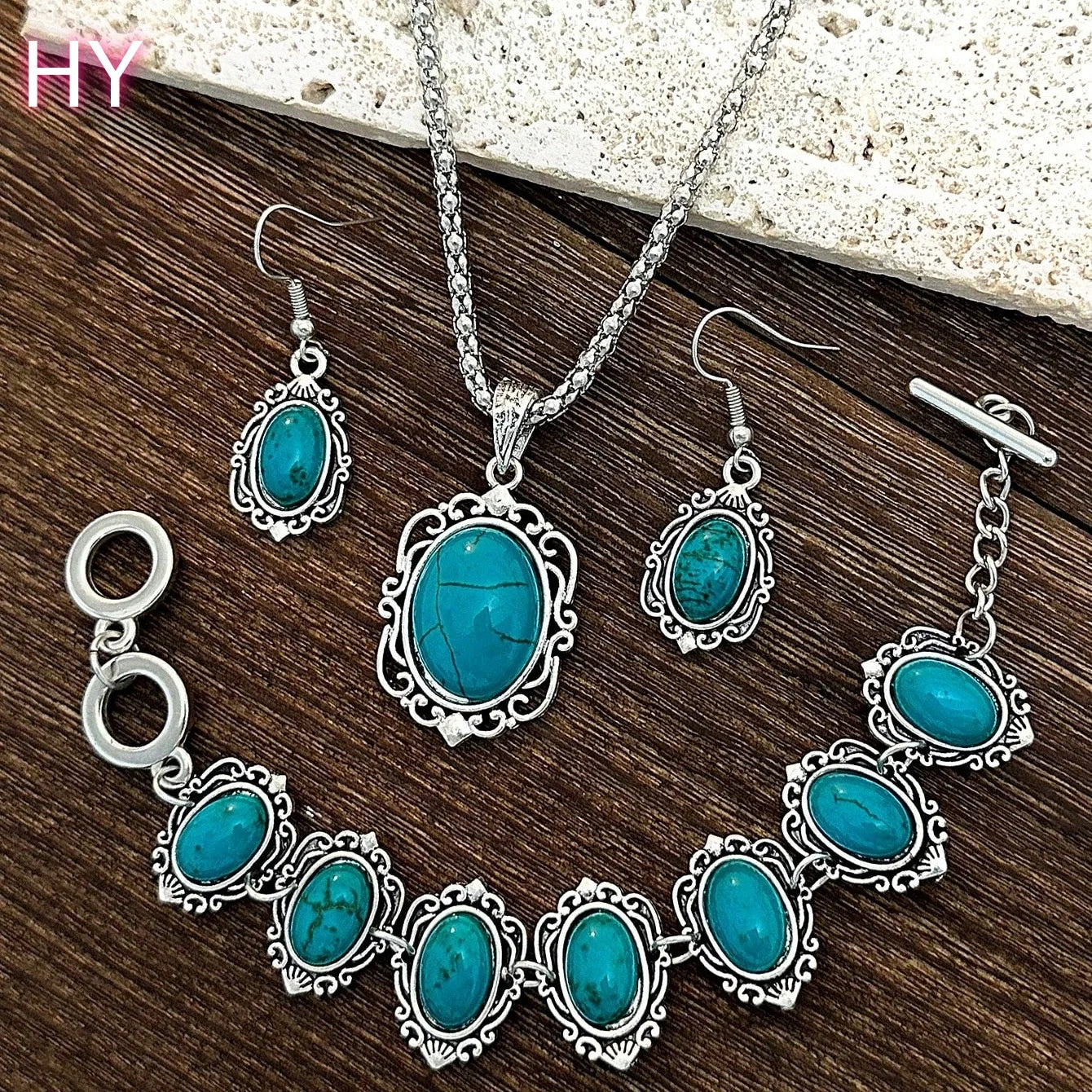 HY Fashion Vintage Gold Plated Turquoise Necklace Earrings Bracelet Three Piece Set Jewelry Women Wedding Engagement Party Gift