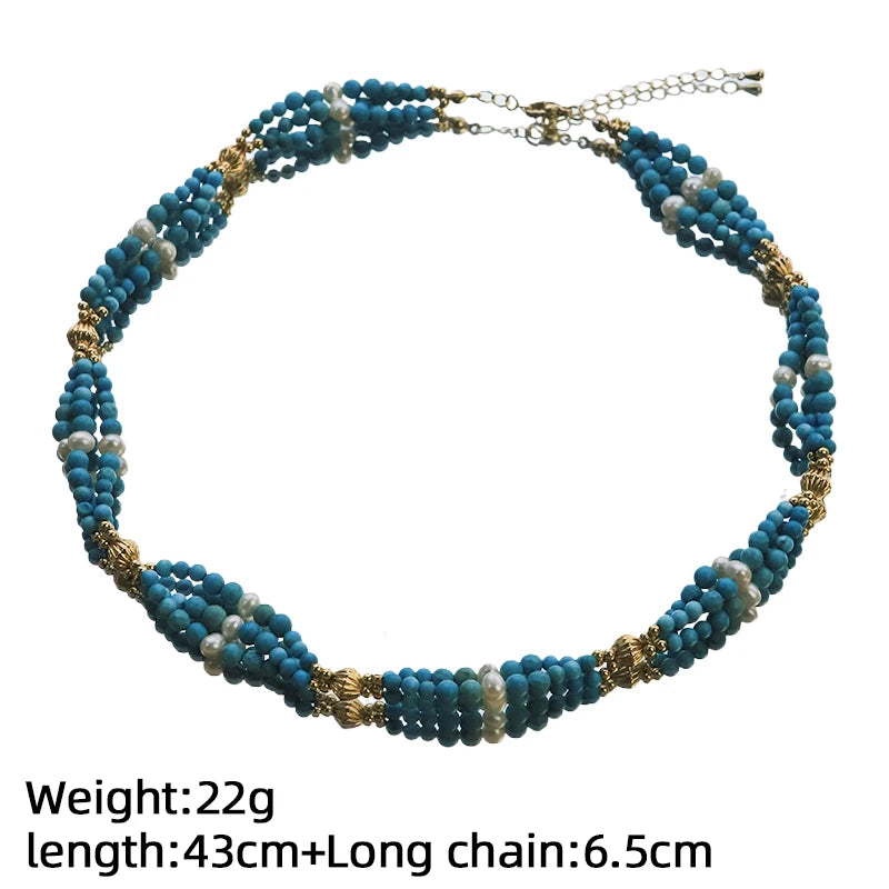 GLSEEVO Natural Pearl & Turquoise Three-Piece Necklace, Earrings & Bracelet Set — Bohemian Style | Blue