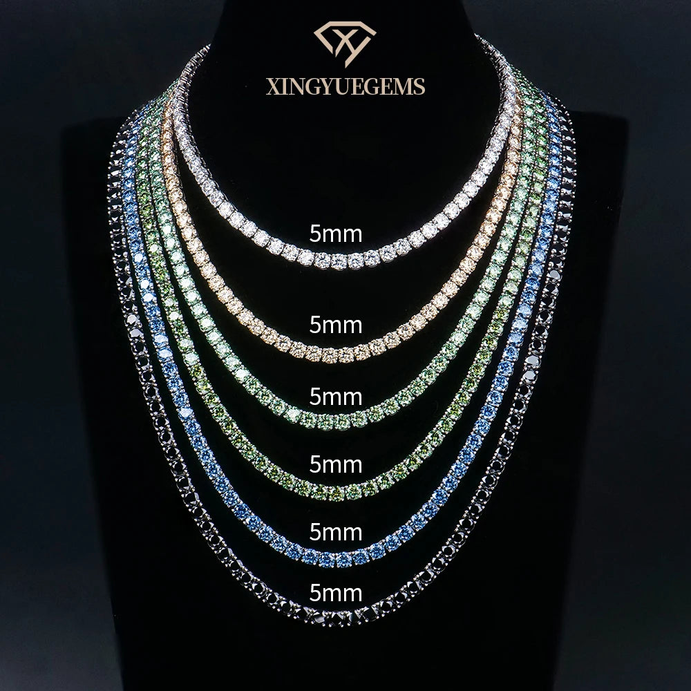 ArtistA White Gold Plated 925 Sterling Silver Green Moissanite VVS1 Round 5mm Moissanite with GRA Tennis Necklace for Men/Women