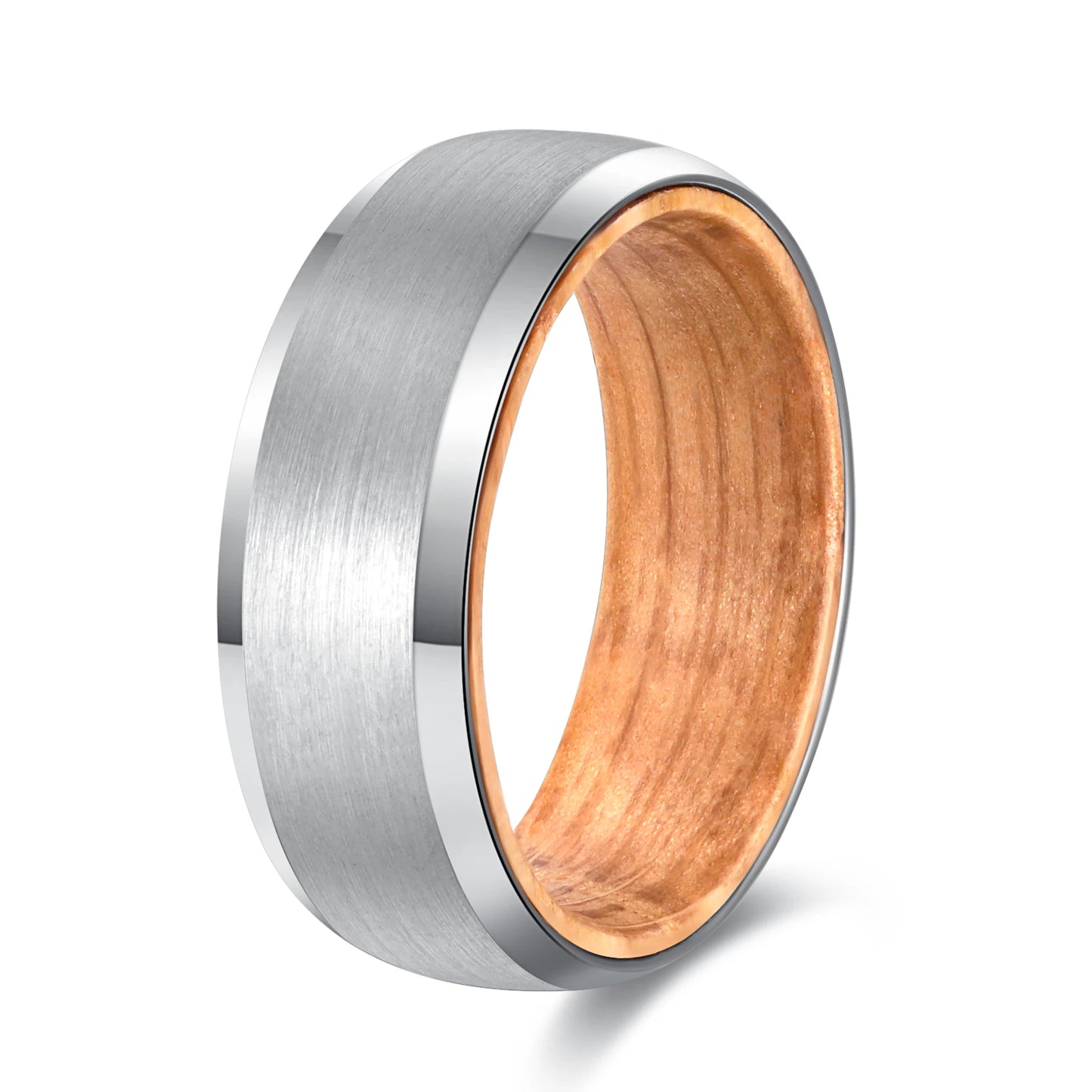 POYA 8mm Silver Black Tungsten Rose Wood Inlay Simple Mens Wedding Band Bevelved Edge Matte Finished