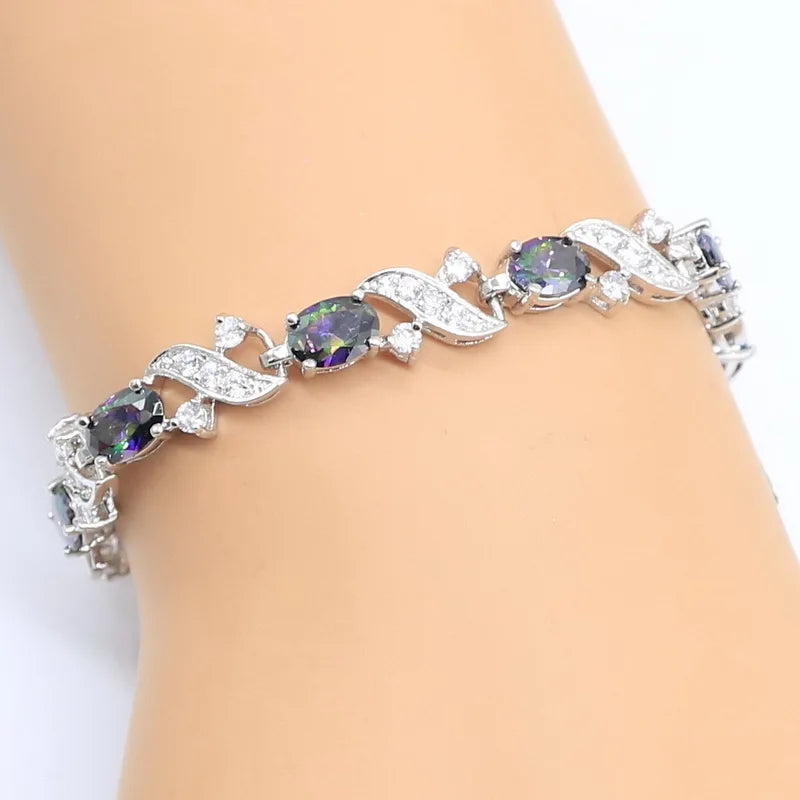 XOTICA Rainbow 925 Silver Women's Jewelry Set Ladies Pendant Rings Bracelet Hoop Earrings Necklace Zircon Wedding Gift Box Accessory