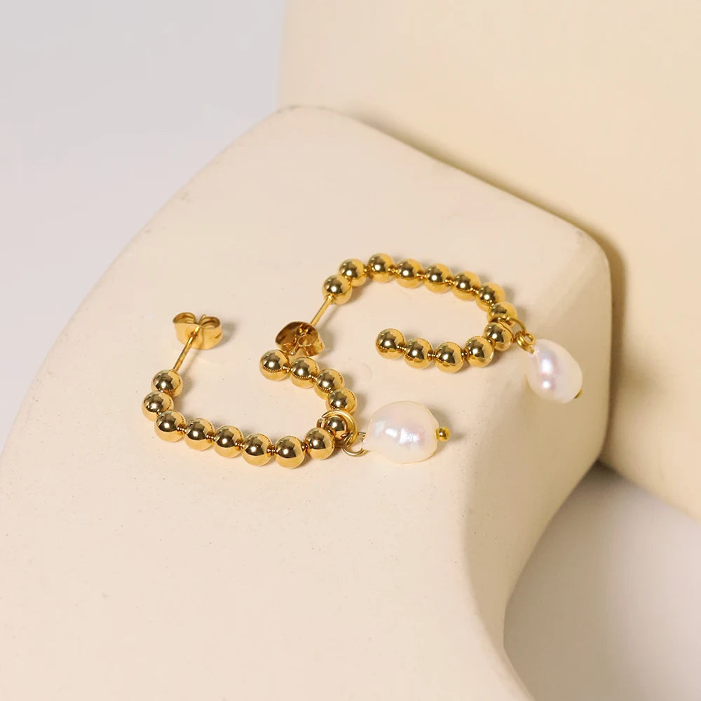 Vintage Stainless Steel Ball J-shaped Earrings 18K Gold Plated Drop Earrings Jewelry Women Exquisite Wedding Gift