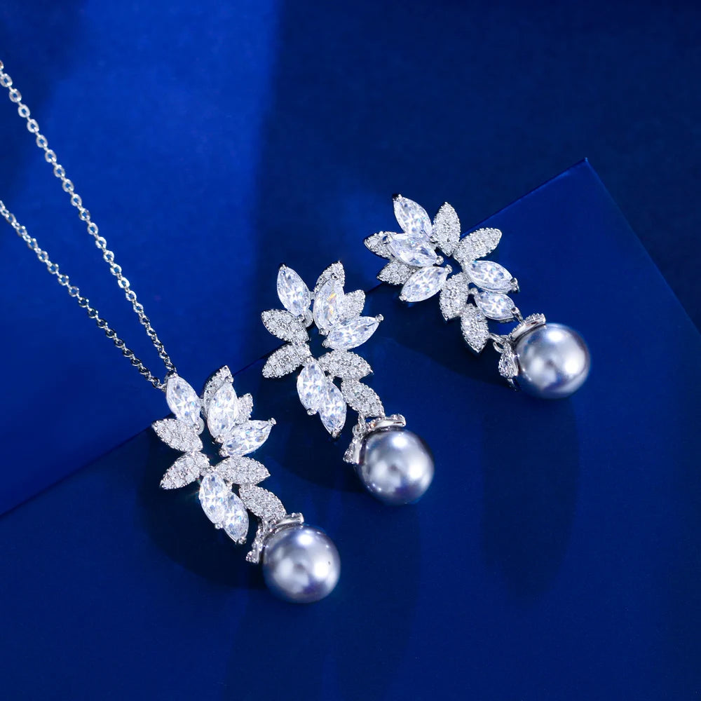 Fashion Marquise Cut CZ Zircon Chain Link Necklace and Earrings Party Dress Grey Pearl Jewelry Set for Women Accessories