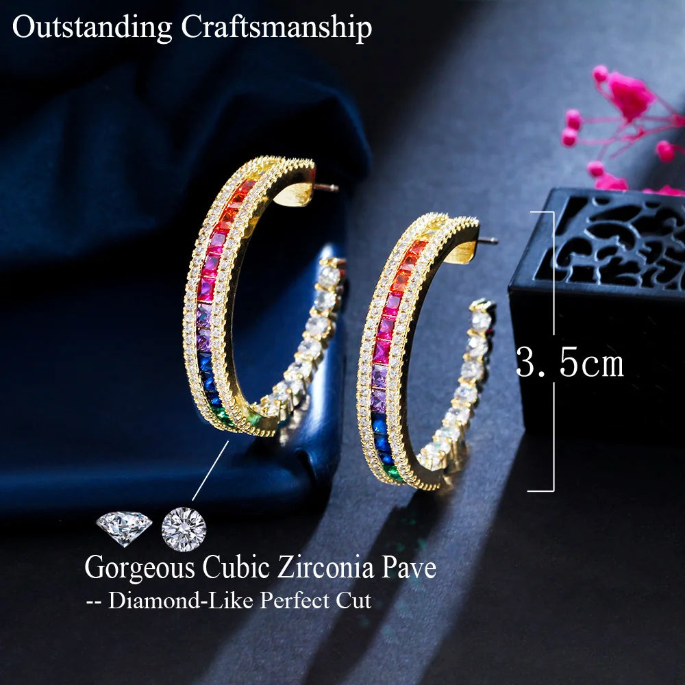 S&S Rainbow CZ Round Hoop Earrings – Princess Cut – 18K Gold Plated – Collection