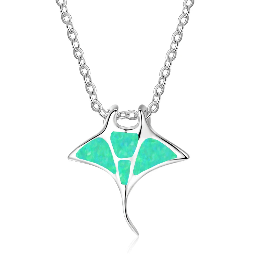Hawaiian European American Style New Blue Opal Manta Ray Necklace Gold Plated Sweater Chain Pendant