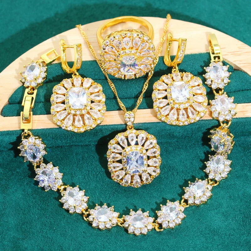 XOTICA Noble Purple Zircon Jewelry Set for Women Gold Color Earrings Necklace Pendant Ring Bracelet for Wedding Party Birthday Gifts