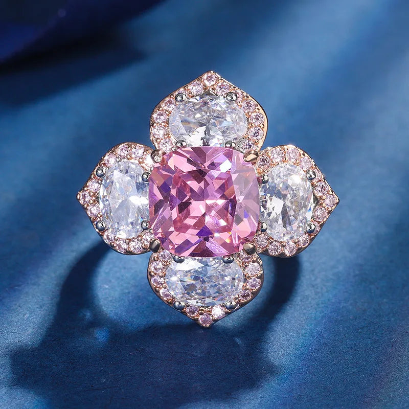 Gemfiori New Popular and Explosive Jewelry European and American Retro Inlaid square Emerald pink Zircon Flower Set