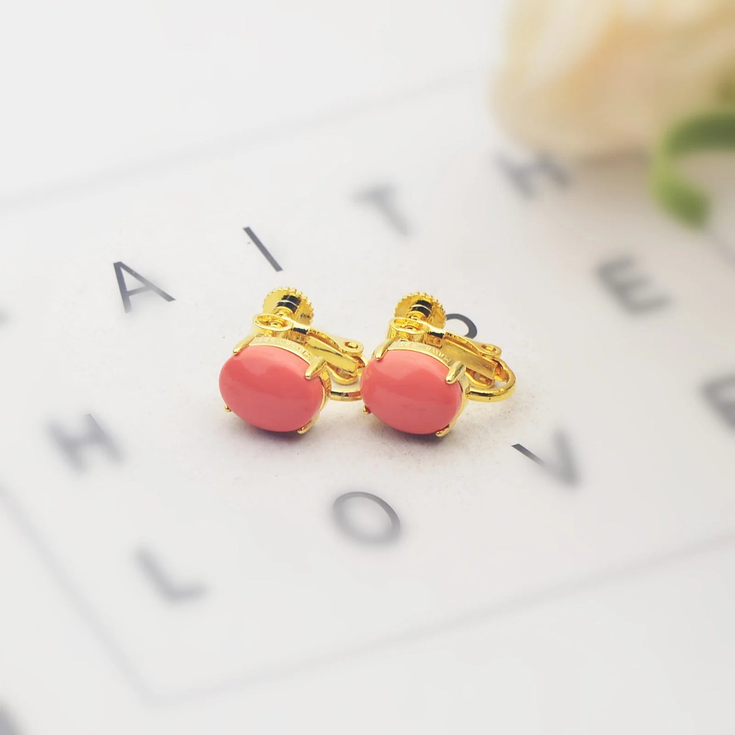 Women's Coral Stud Earrings Silver Plated Brass Bohemian Christian Gift