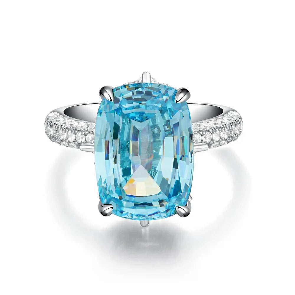 Waterproof Women 925 Sterling Silver Aquamarine 5A 8A Cubic Zirconia Ring Wedding Anniversary Rings Custom Jewelry Supplies