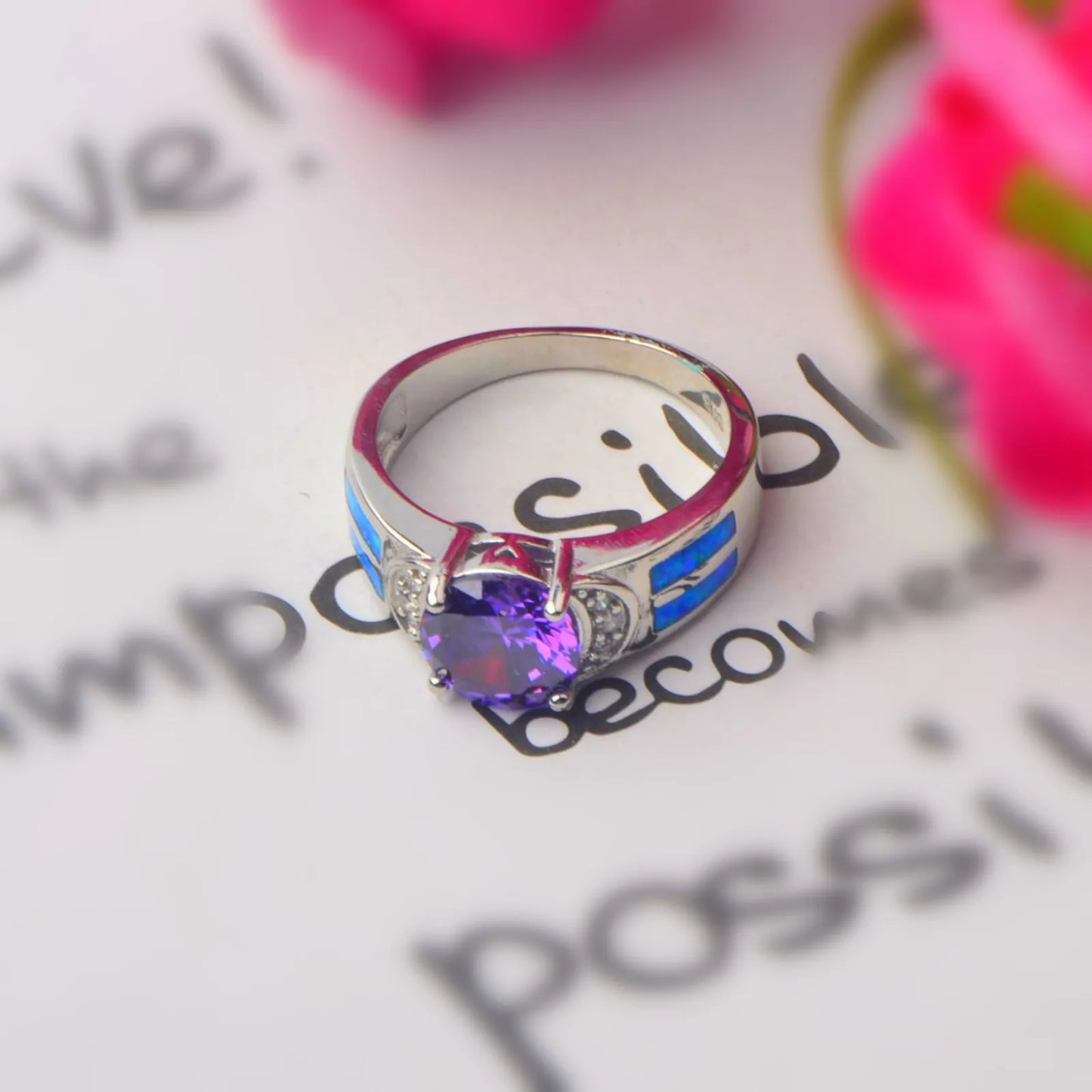 Unique Purple & Blue Opal Ring | Shiny CZ Statement Band | Women's Daily Party Ring