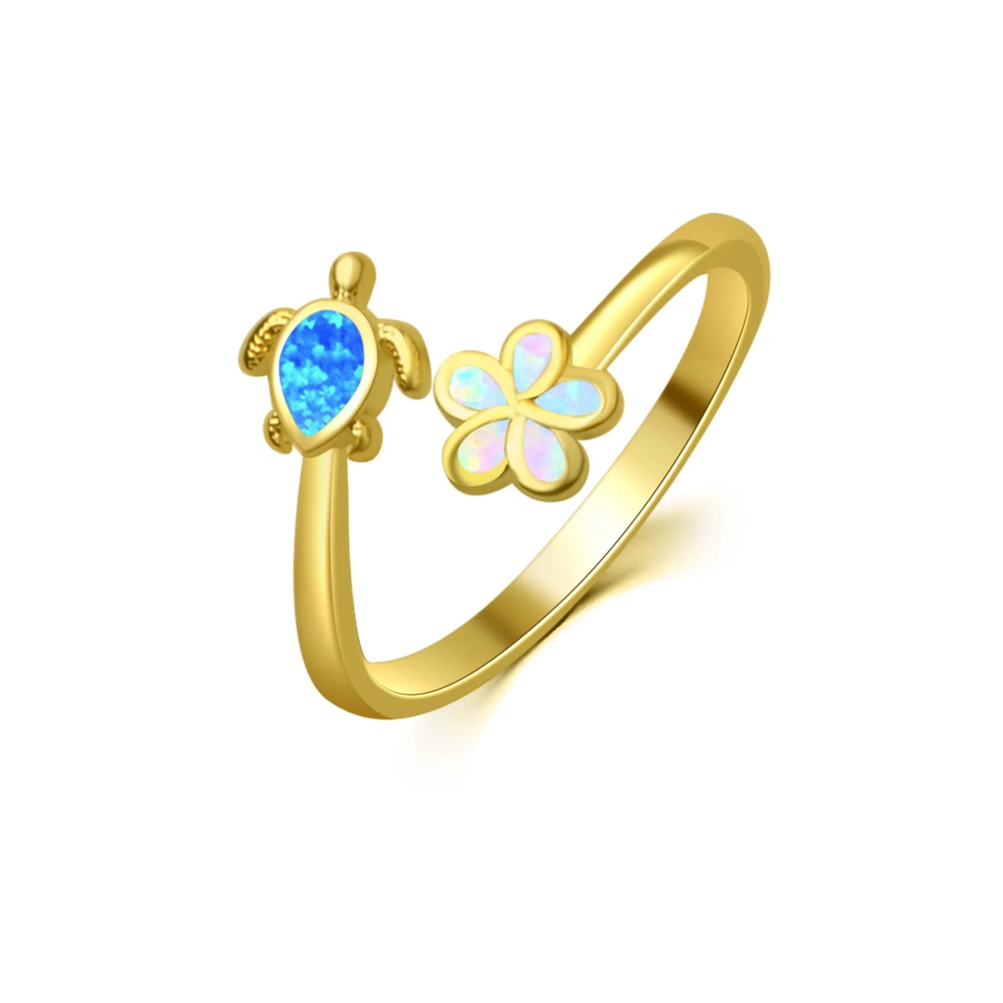 Cute Turtle & Flower Opal Open Ring | Blue/Iridescent Gem Inlay Band | Nature-Themed Fashion Jewelry for Women