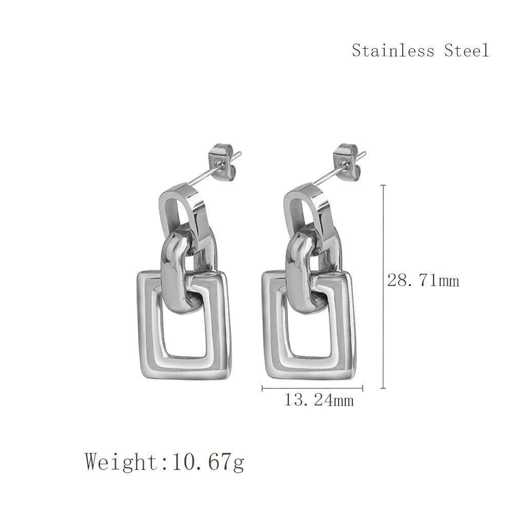 Geometric Square Chandelier Earrings & Pendant Necklace | Retro Stainless Steel Fashion Jewellery