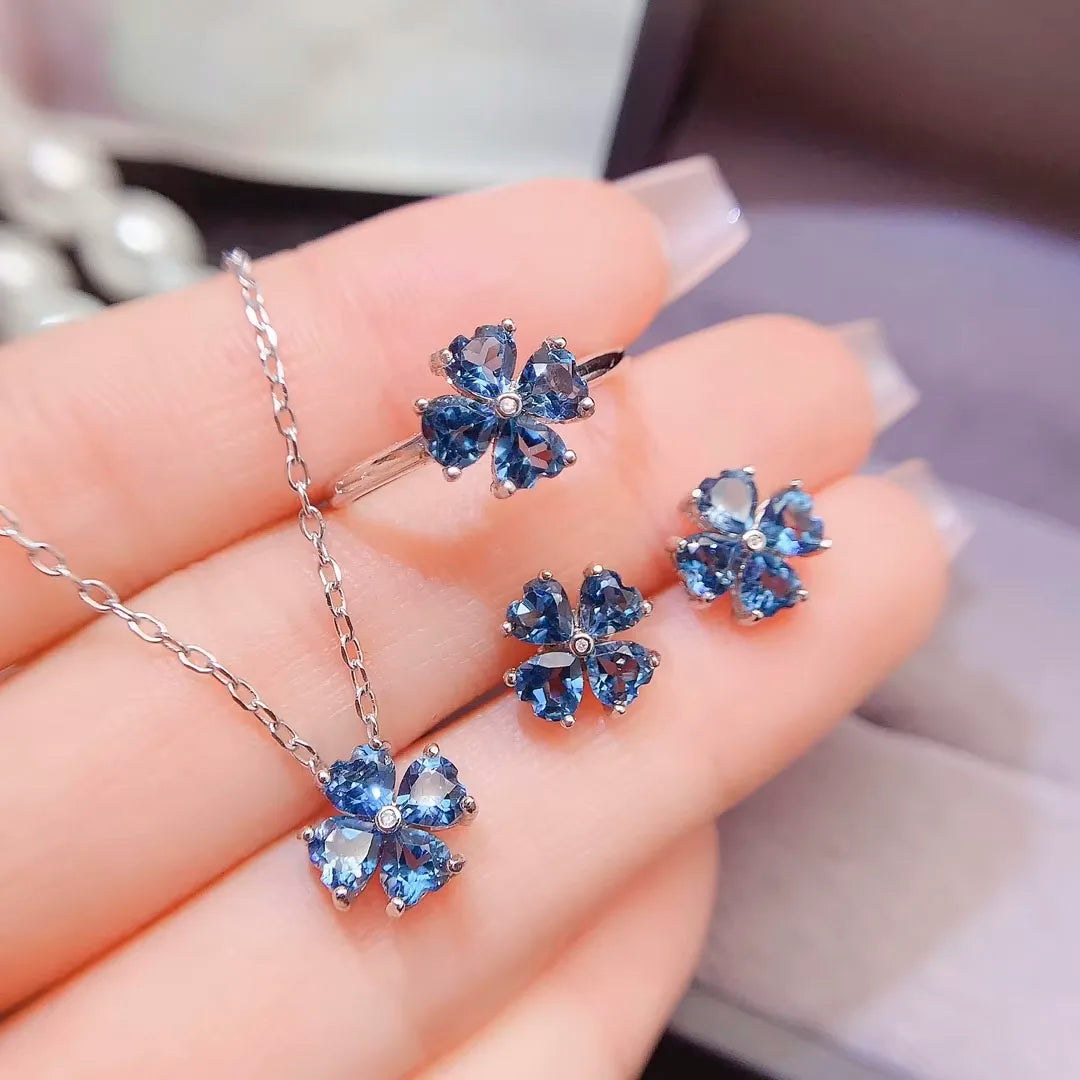 Natural Blue Topaz Jewelry Set 925 Sterling Silver Heart Cut Ring Stud Earring Pendant for Wedding Anniversary Fine Jewelry