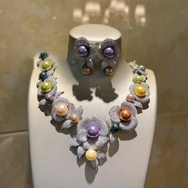 XM S206 Platinum Plated Gold Tone Multi Color Imitation Pearl Flower Statement Necklace Earrings Set for Anniversary Gift