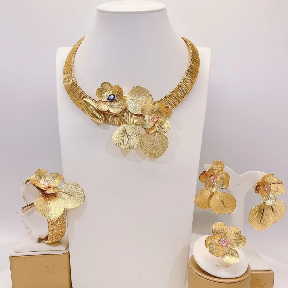 Brazilian Gold Flower Fashion Jewelry Set Italian Jewelry Set Nigerian Woman Wedding Necklace Bracelet Earrings Ring Jewelry
