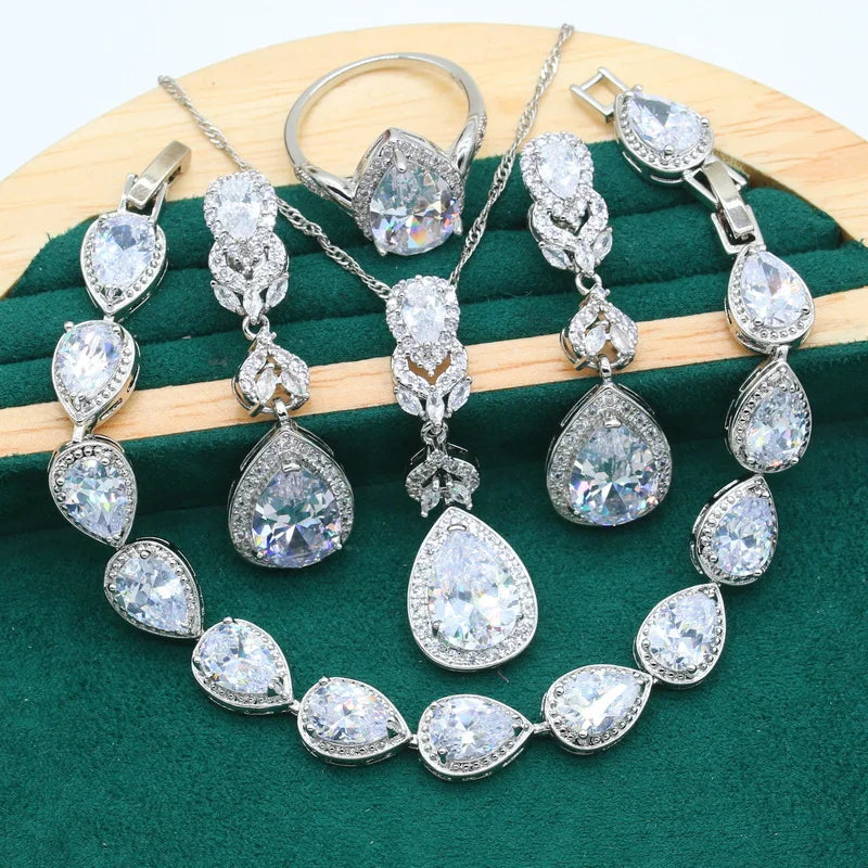 XOTICA Women's Vintage Silver Jewelry Set White Zircon Bracelet Earrings Necklace Pendant Ring for Halloween Christmas Gift