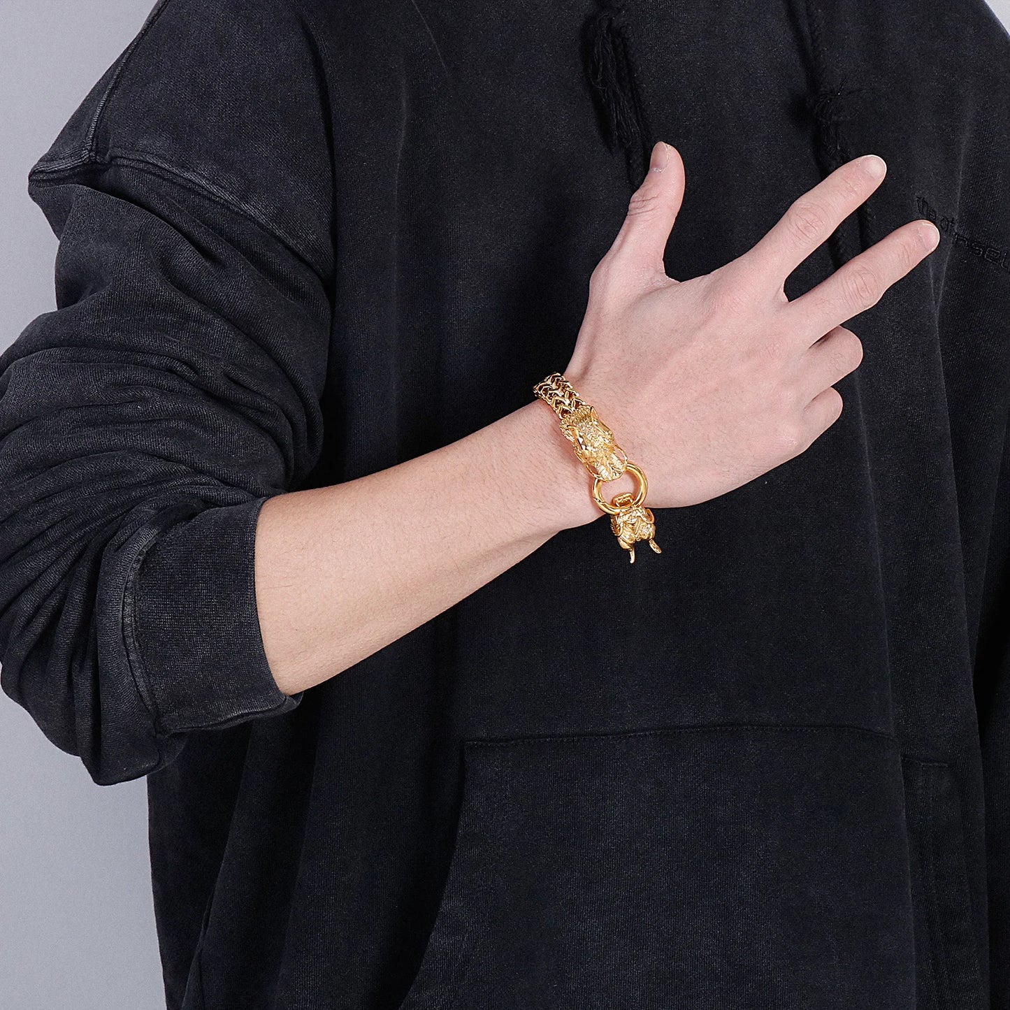 KALEN Personality 18K Gold-plating Double Dragon Buckle Bangle Stainless Steel Mens Bracelets