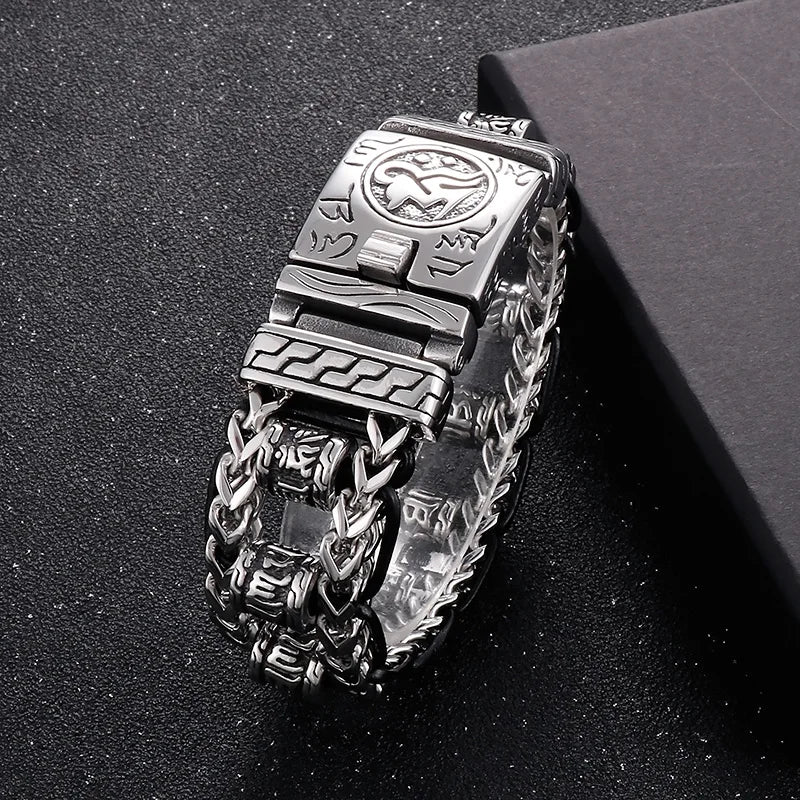 VIKING Mens Retro Stainless Steel & Cowhide Link Bracelet – Ancient Ethnic Symbols