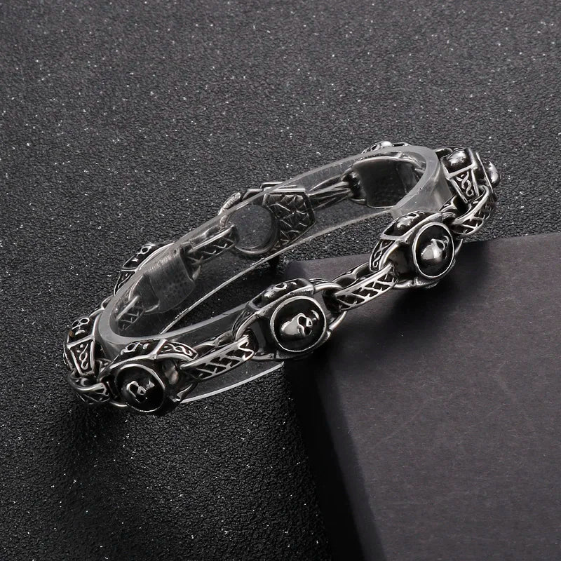 KALEN 225mm Men Punk Stainless Steel Skull Charms Oval Links Bracelet