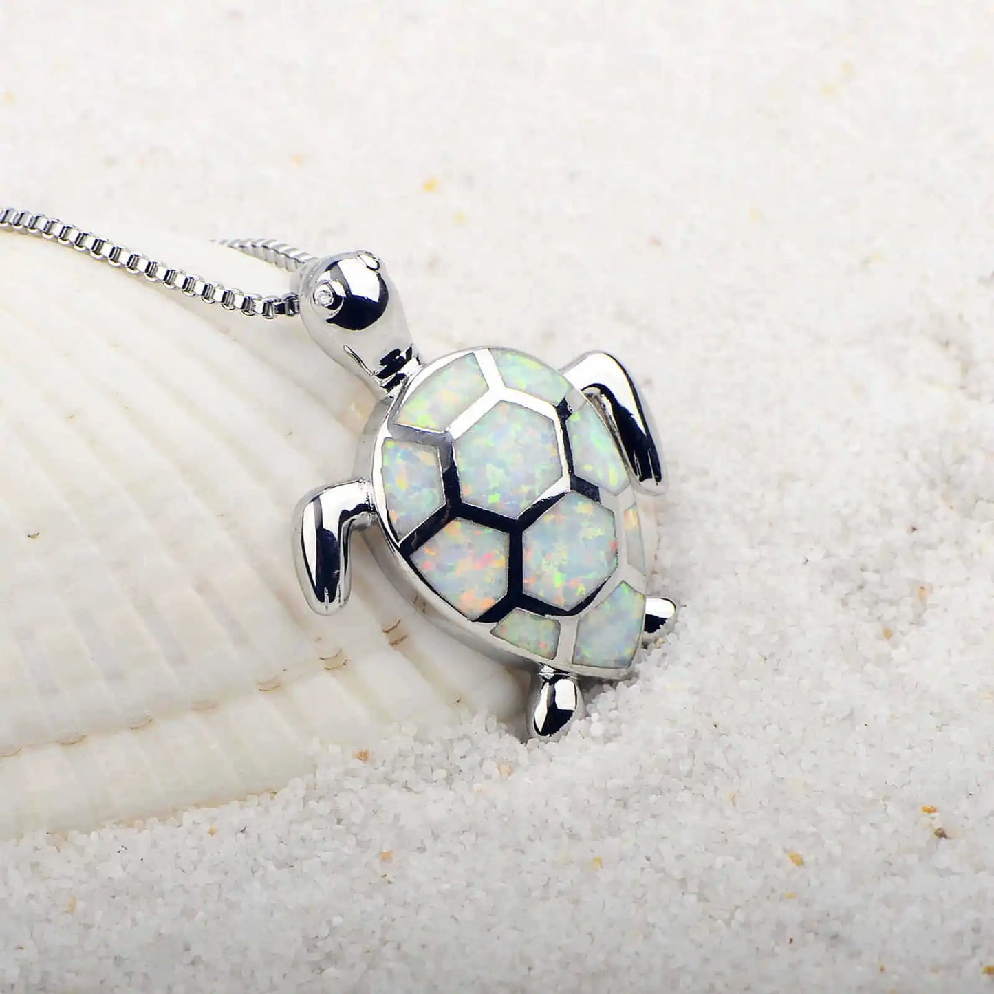 European American Style Christian Blue Opal Turtle Pendant Lariat Necklace Copper Silver Plated Animal Box Chain Minimalist