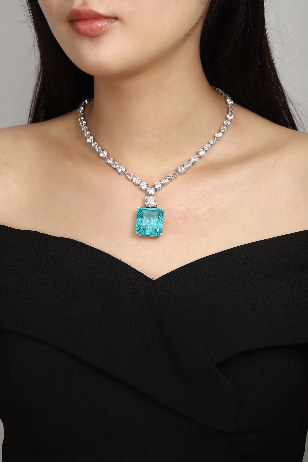 Gemfiori Anster Paraiaba Mian Stone Emerald Cutting Silver Necklace Attractive Length 87.36 Ct Customizable Style Women's Necklace