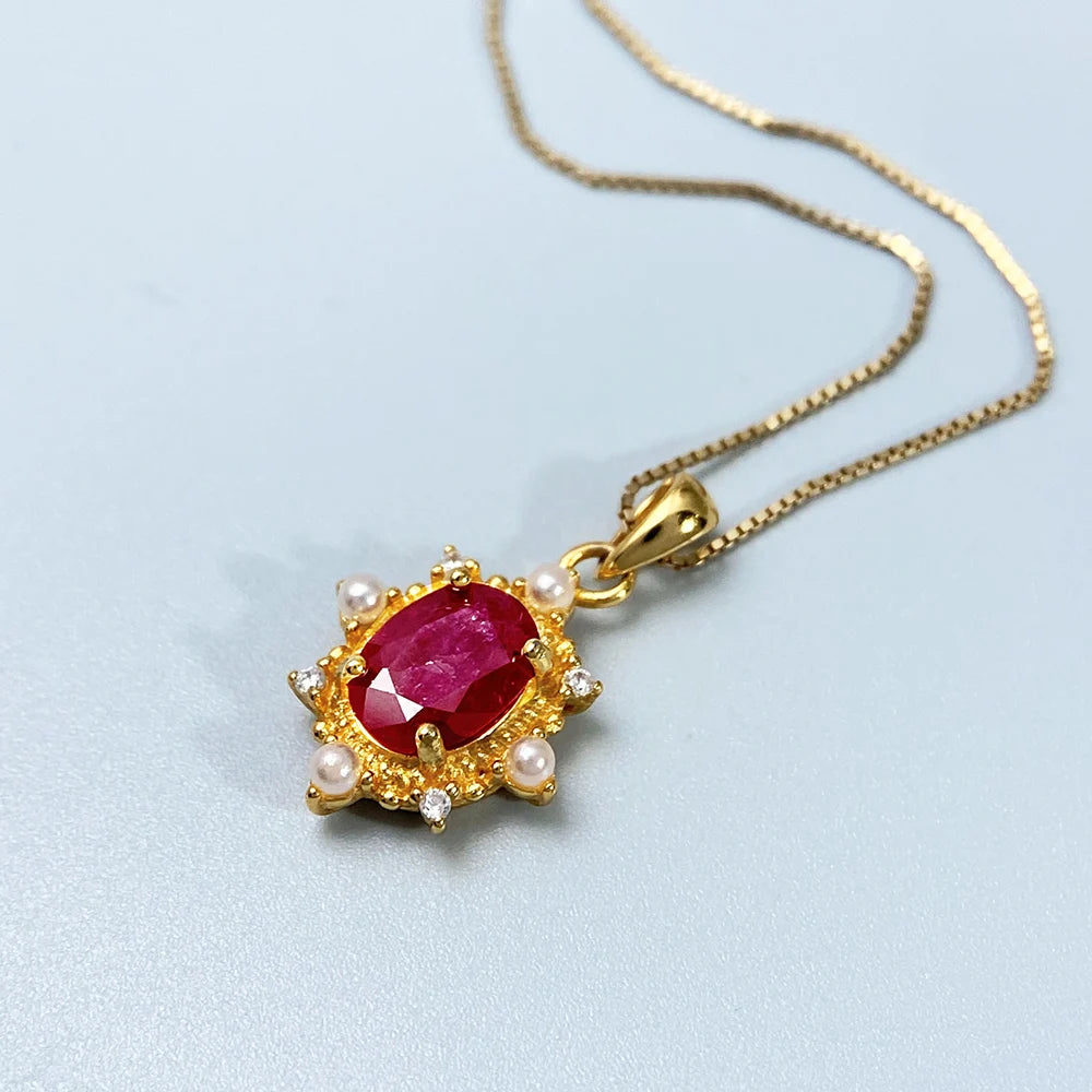 Gioiellieri Natural Ruby Oval Cut Gemstone Solitaire Claw Setting Pendant Necklace 925 Sterling Silver Platinum Plated Luxury