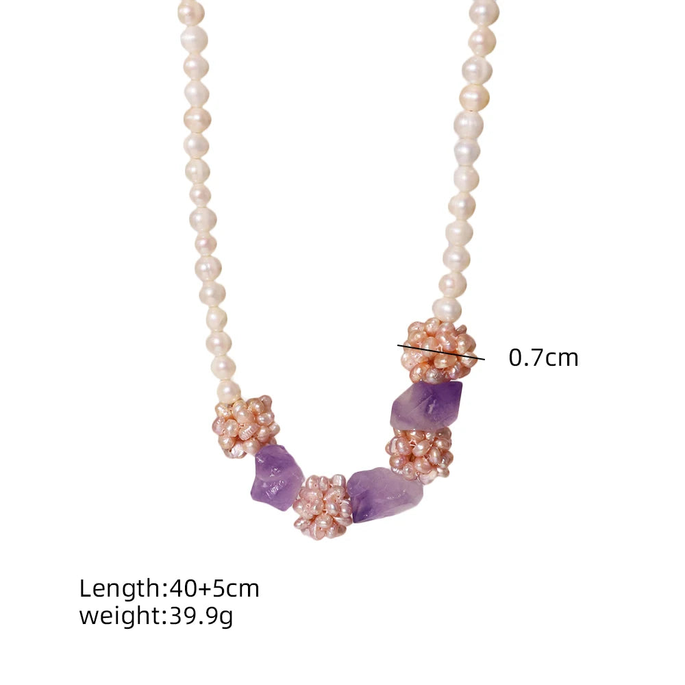 Amethyst Flower Ball Decorative Necklace Natural Freshwater Pearl Flower Cluster Necklace Hand Beaded