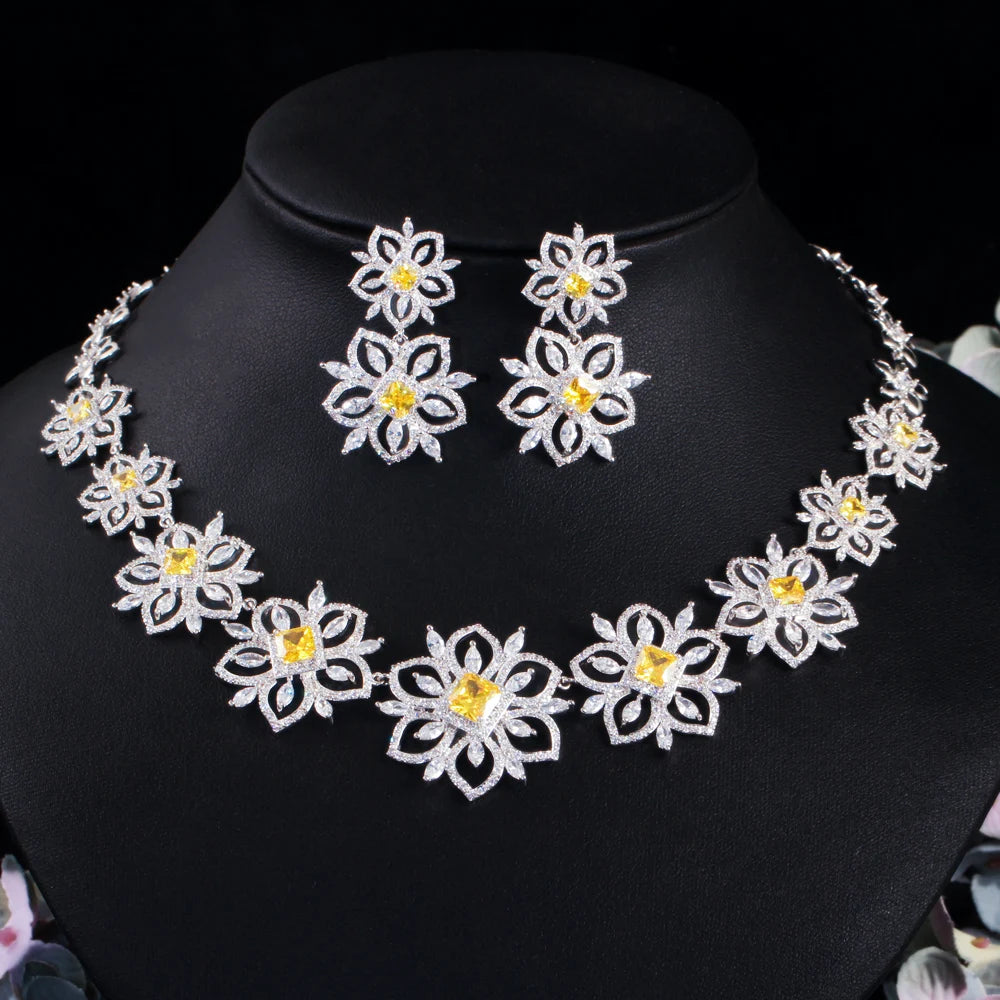 Newest Luxury Bridal Jewelry Sets Brilliant Big Flower Green 3A CZ Necklace Dangle Earring Banquet Wedding Dress Accessories