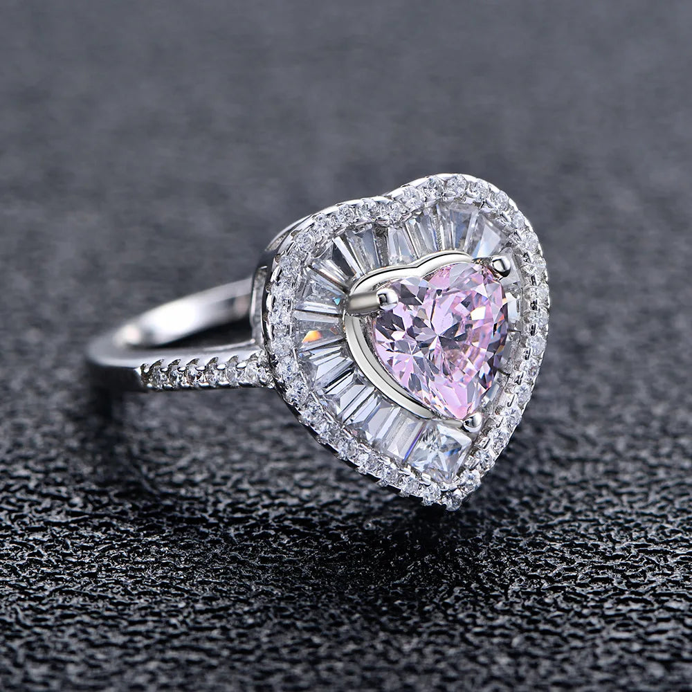 MuShan Jewelry Factory Heart Shaped 7mm Light Yellow Main Diamond 925 Silver Ring Women High Carbon Diamond pink Diamond Ring